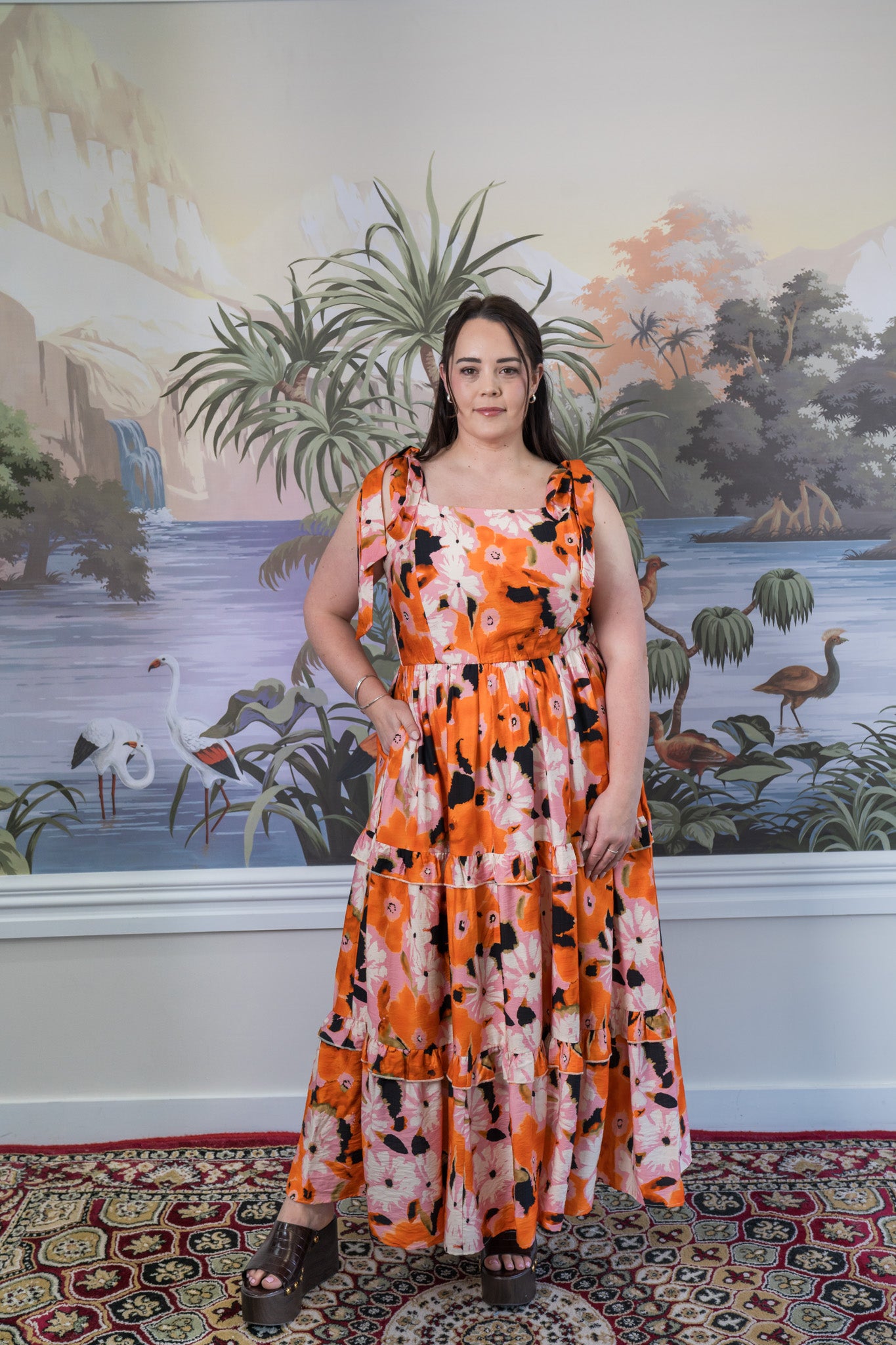 flower dress orange Ashley Orange Floral Formal Maxi Dress - US 8